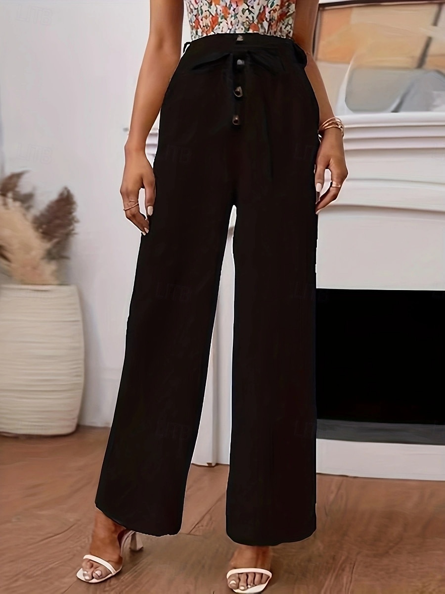 Women's Wide Leg Cotton Linen Pants Chinos Classic Style Full Length High Waist Plain Elastic Waistband Comfy Soft Comfortable Micro-elastic Outdoor Street Black Khaki Summer Fall Regular Fit 2025 - $21.99 –P4