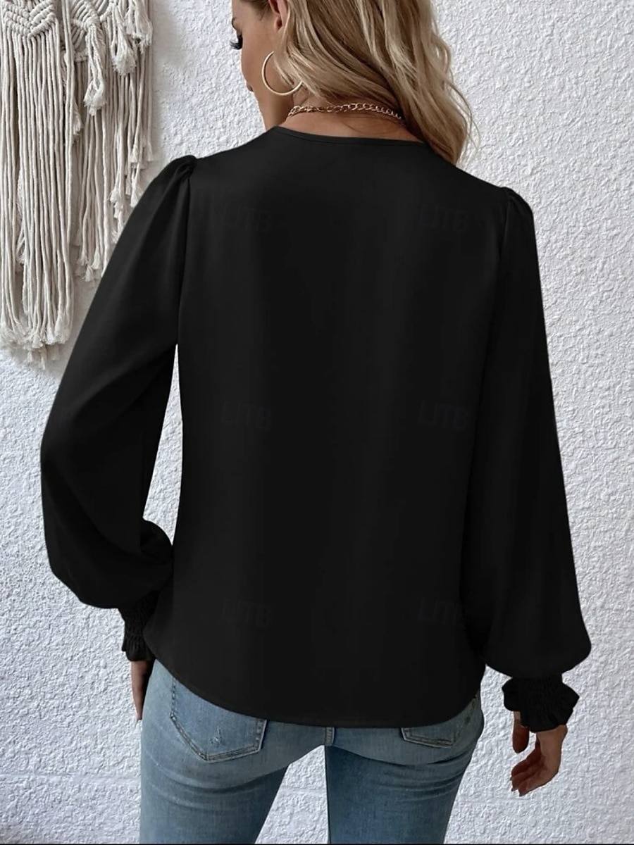 Dames Overhemd Blouse Effen Kleur Zakelijk Modern Casual Lange mouw V-hals Normale tops Werk Formele kleding Met ruches Zwart Blozend Roze Zomer Lente 2025 - $29.99 –P10