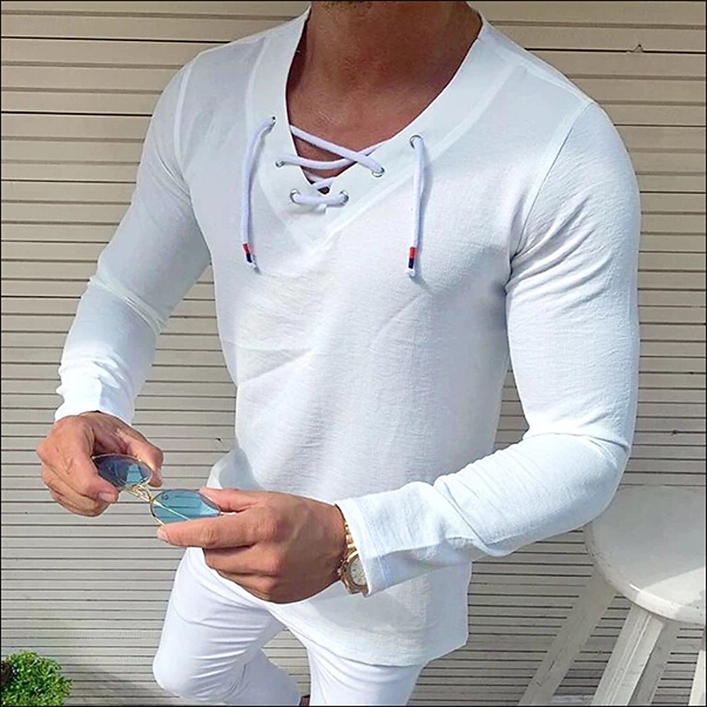 Bărbați Cămașă de in Tricouri Tricou cu maneca lunga Manșon Lung În V Primăvara & toamnă Culoare solidă Casual Cu Șiret Vacanță homewear Alb Top tricou pentru bărbați 2026 - $21.99 –P1