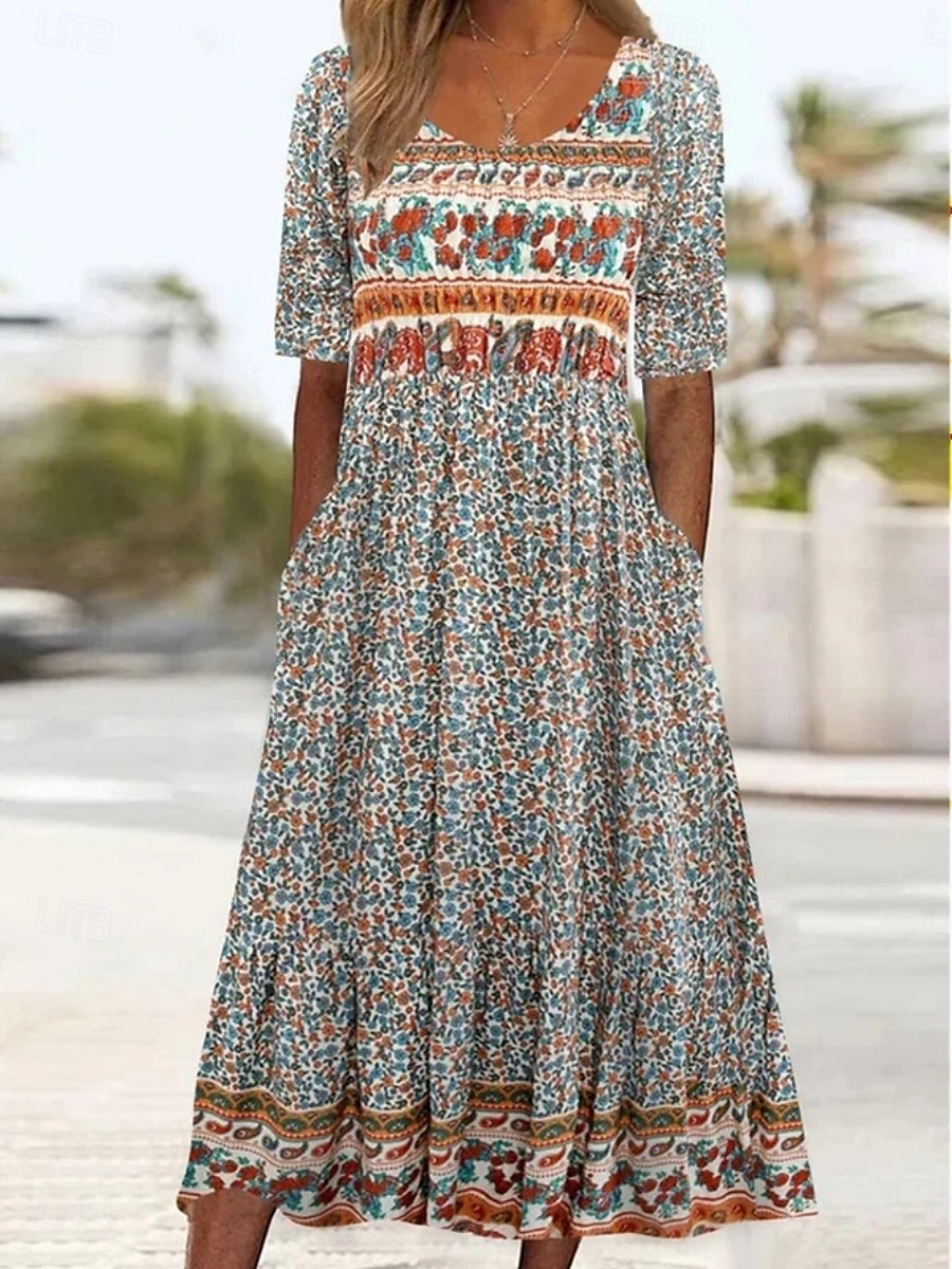 Femme Robe Maxi Robe casual Robe Évasée Robe Trapèze robe boheme Décontractées du quotidien Standard Floral Manche Courte Col V Noir Rouge bleu marine Bleu Roi Eté Printemps Automne de 2025 ? $30.99 –P2