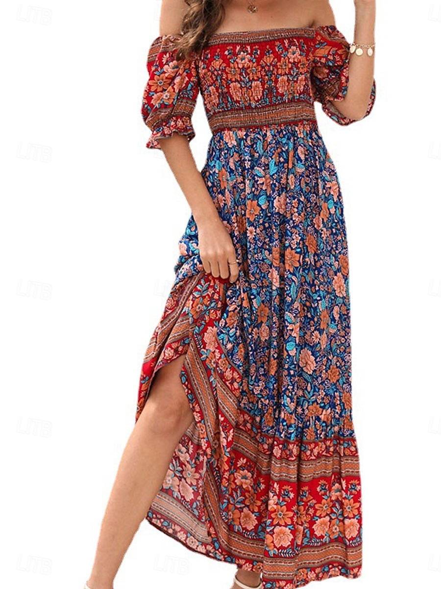 Női Maxiruha hétköznapi ruha Boho elegáns ruhák Boho ruha Csehország aranyos stílus Stílusos Vakáció Napi Tengerpart Laza öltözet Grafika Rövid ujjú Aszimmetrikus Rubin Medence Lóhere Nyár Tavasz Ősz 2025 - $41.99 –P1