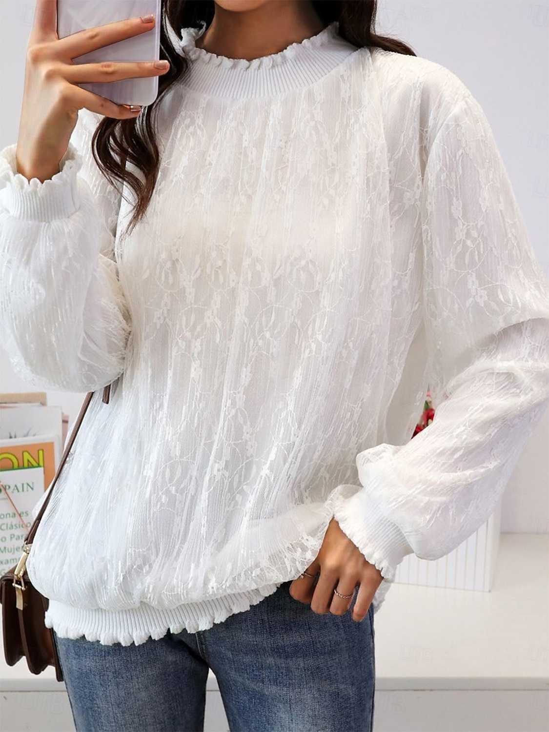 Per donna Top fluidi Tinta unica Elegante Donne Manica lunga Collo alto Top regolari Per uscire Pizzo Bianco Grigio Primavera Autunno del 2025 a $39.99 –P1