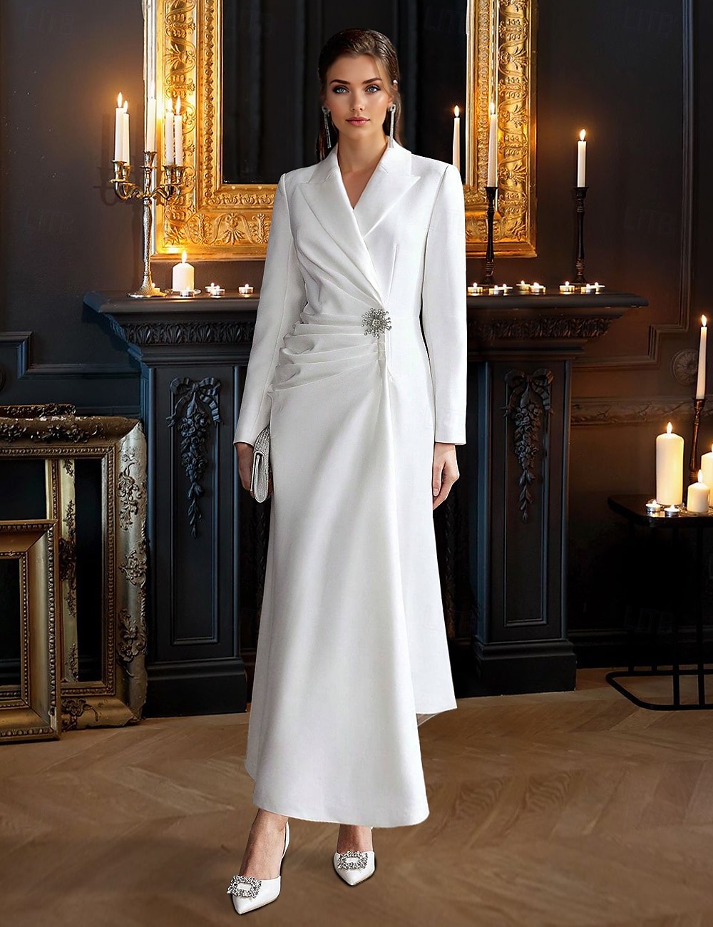 Suknia Blazer A-Linie Elegancka Suknia Wieczorowa Tuxedo Suknia Formalna Gościa Weselnego Do Ziemi Długie Rękawy Dekolt w Sercu Satyna z Kryształkami 2025 - $199.99 –P1