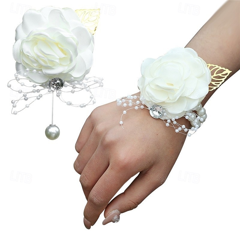 Pachet de 2 set de butoniere pentru încheietura mâinii, trandafir artificial, floare de mătase lucrată manual, pentru flori de nuntă, accesorii, decor costum de bal 2025 - $7.99 –P3