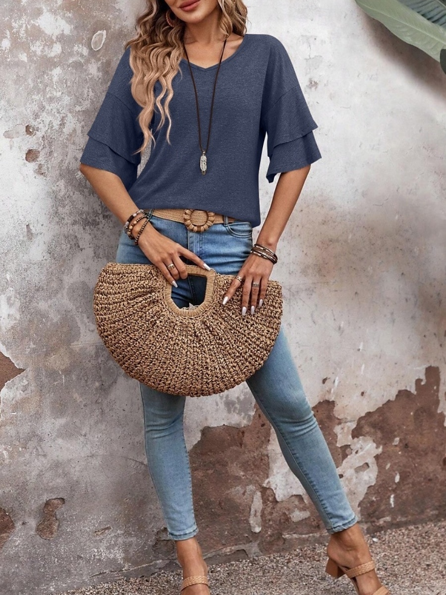 Dame T skjorte عادي Mote Moderne Fritid 3/4 ermer V-hals Vanlige topper Daglig Helg Drapering Rosa Navyblå Kakifarget Sommer Vår 2025 - $29.99 –P8