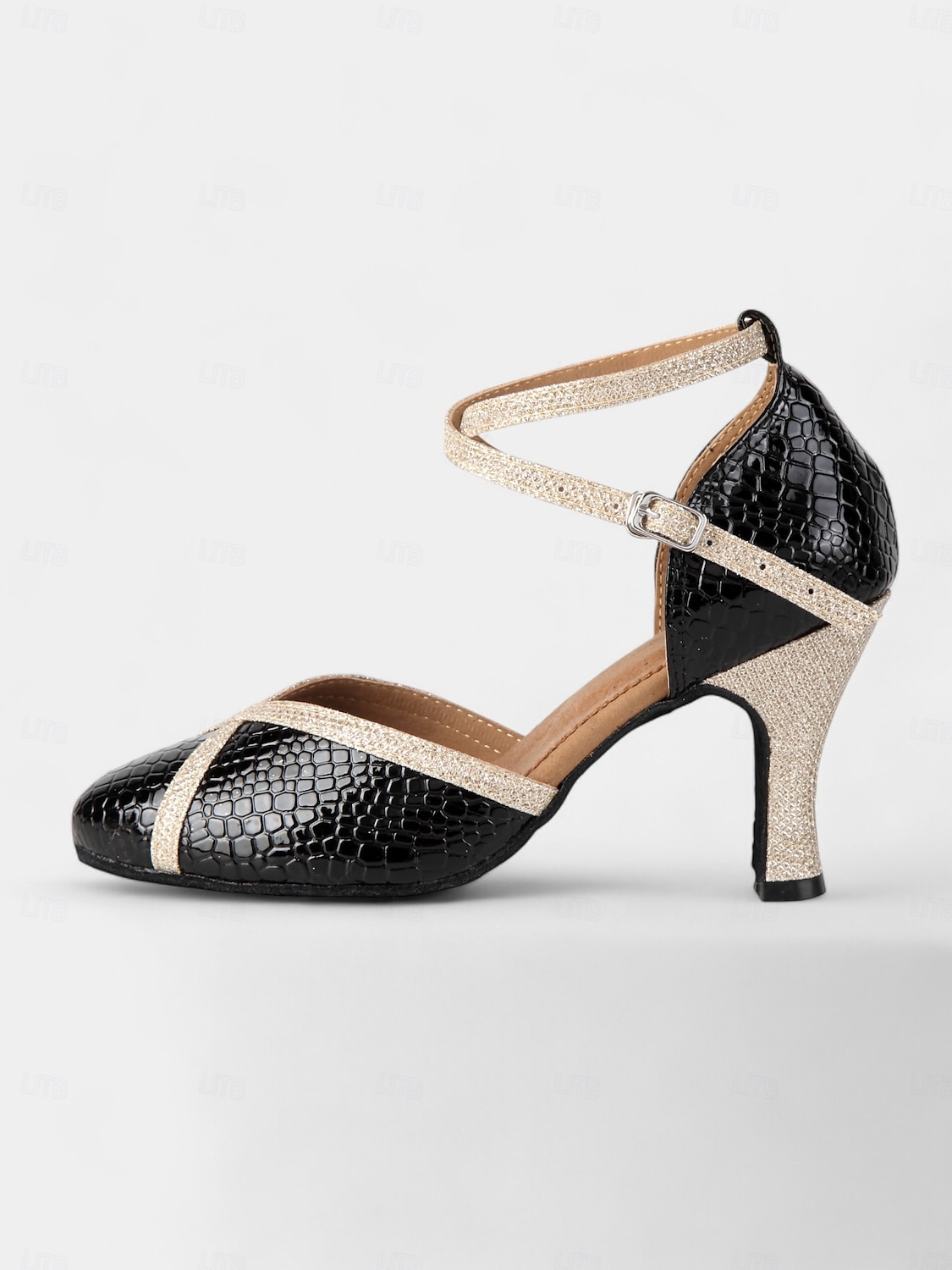 Black and Gold Crocodile Pattern Dance Shoes for Women with Glitter Strap and Mid Heel - Perfect for Ballroom and Latin Dancing 2025 - $46.99 –P2
