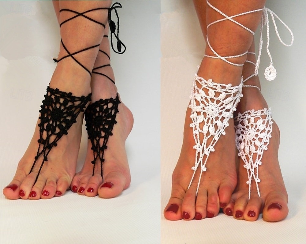 jemné háčkované barefoot sandály s nastavitelným páskem kolem kotníku - ideální pro plážové svatby 2025 - $11.99 –P1