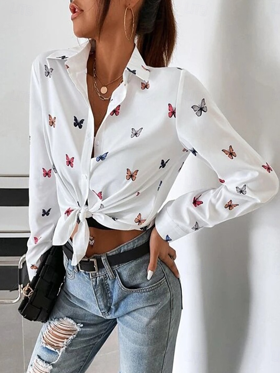 Per donna Camicia Farfalla Manica lunga Colletto Top regolari Collage Bianco Primavera & Autunno del 2025 a $27.99 –P2
