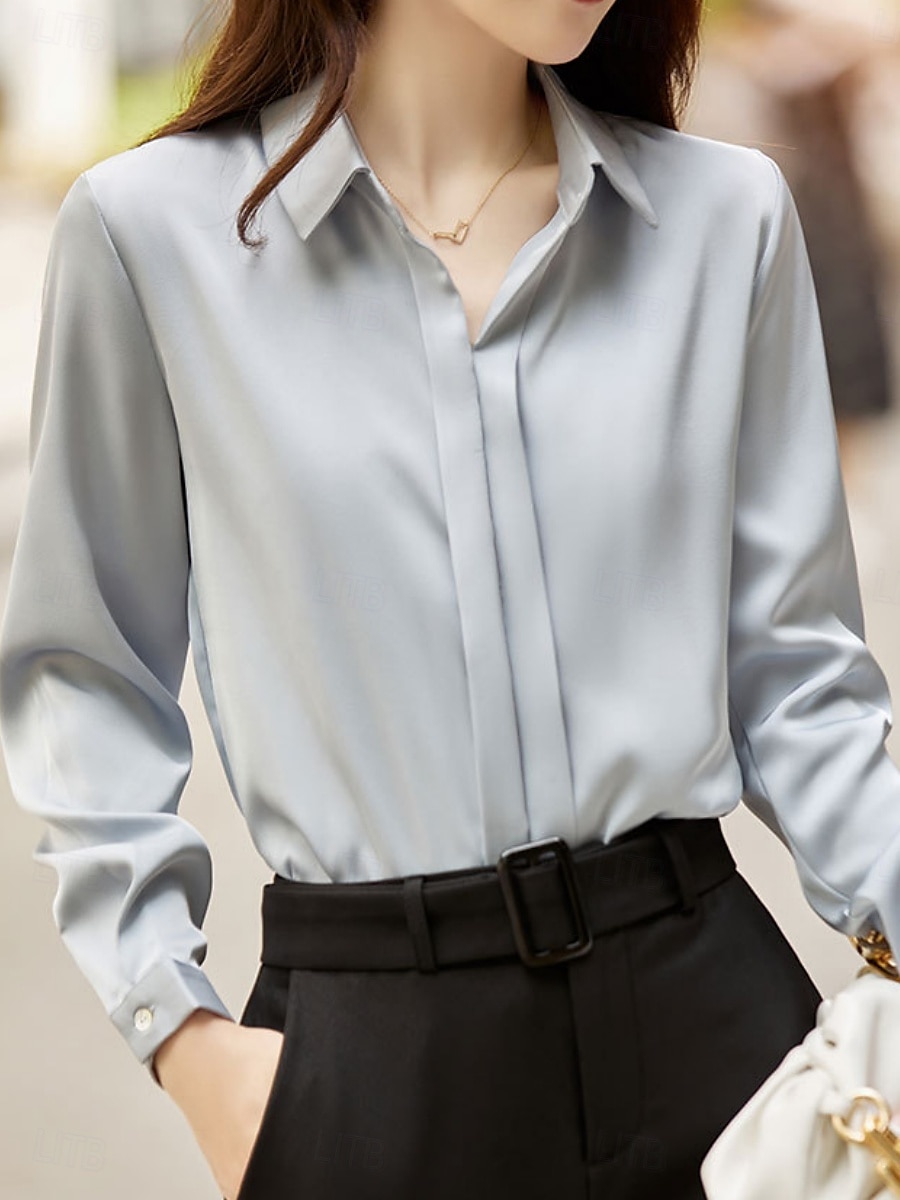 Dames Overhemd Blouse Effen Kleur Basic Casual Lange mouw Overhemdkraag Normale tops Dagelijks Knop Wit Groen Grijs Herfst Winter 2025 - $36.99 –P5