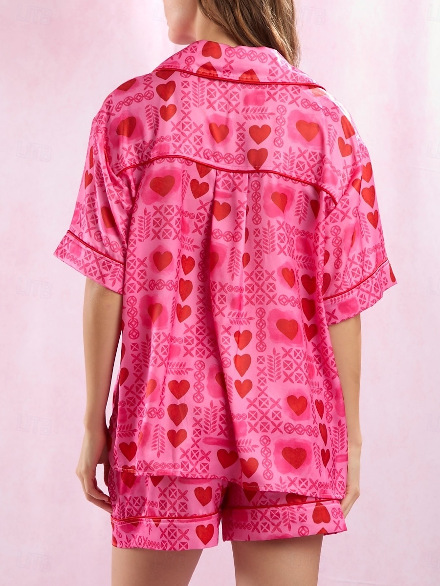 Pentru femei Set pijama Casual Confortabili Inimă Butonul sus Buzunar Talie elastică Cămașă Pantaloni Scurți Casă Ziua Îndrăgostiților Zilnic Manșon scurt Guler Cămașă Roz Îmbujorat Fucsia Var 2025 - $54.99 –P4