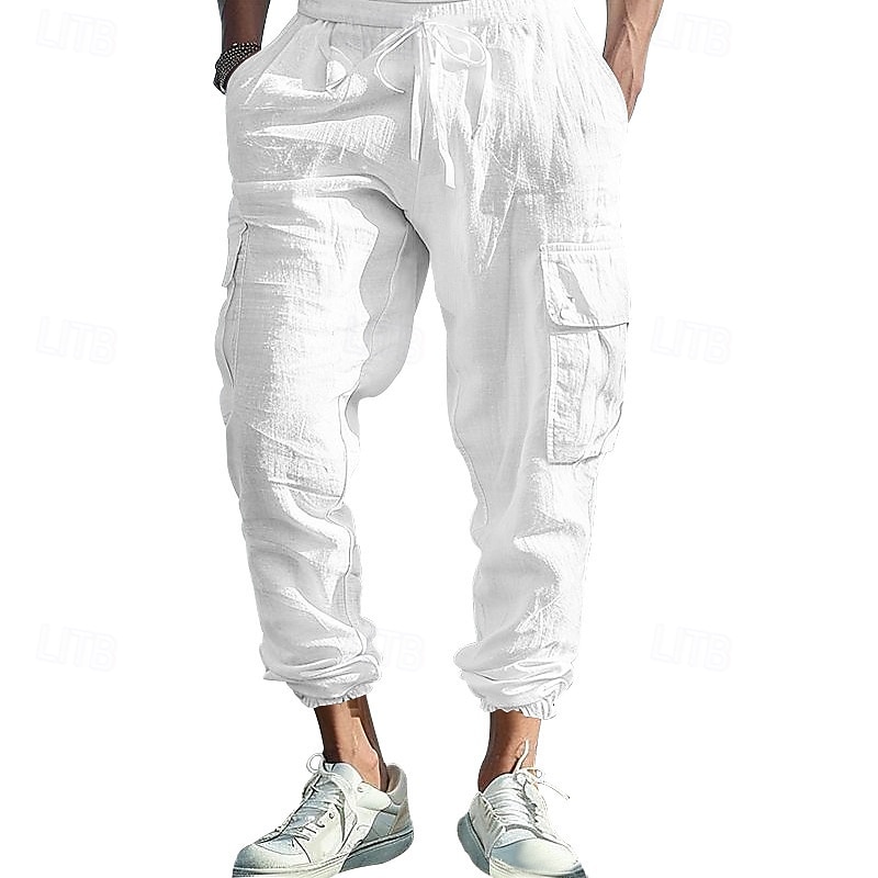 Herr Linne Byxor Cargo joggare Långbyxor Sommarbyxor Snörning Elastisk midja Flera fickor Slät Komfort Andningsfunktion Fullängd Utomhus Ledigt Dagligen Mode Klassisk Stil Svart Vit 2025 - $25.99 –P10