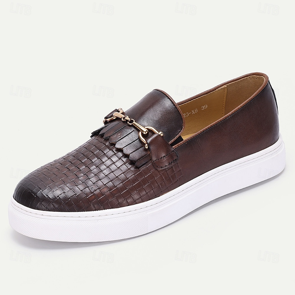 Men's Premium Cowhide Slip-On Sneakers with Woven Leather Design, Tassel and Gold Chain Detail, Casual and Stylish for Everyday Wear 2026 - $99.99 –P1