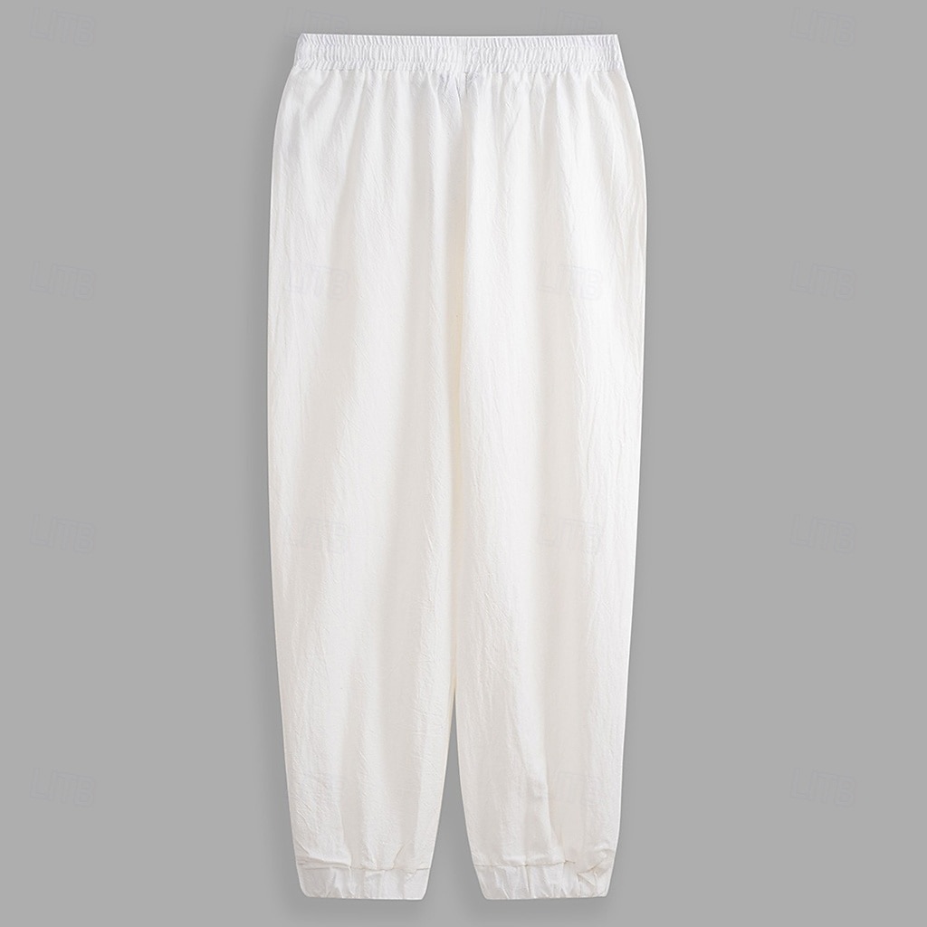 Homens Calças de linho Calças Calça verão Cintura elástica Perna reta Ascensão alta Côr Sólida Conforto Respirável Comprimento total Casa Simples Casual Preto Branco Sem Elasticidade de 2025 por $23.99 –P2
