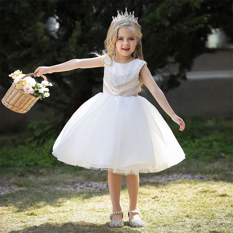 Robe de Demoiselle d'Honneur Fille enfants Fille Robe de princesse Utilisation Mariage Soirée Elégant Magnifique Maille Couleur unie Sans Manches Col Ras du Cou Blanche Champagne 4 ans et + de 2025 ? $38.99 –P7
