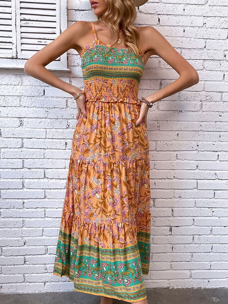 Dámské Maxi šaty Volnočasové šaty Boho Chic šaty Boho šaty Čechy stylové Na běžné nošení Dovolená Denní Plážové Volný Grafika Bez rukávů Do V Oranžová Léto Jaro 2025 - $46.99 –P4