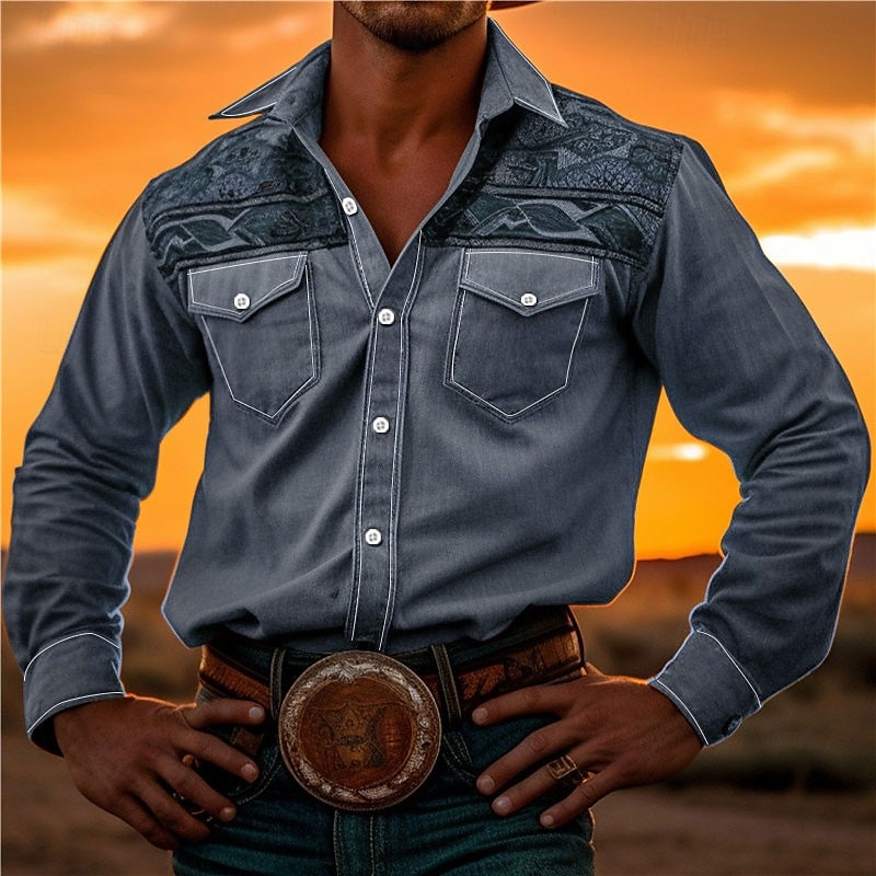 Hombre Tribal Impresión de pañuelo Camisa camisa occidental Manga Larga Camisa Cuello Vuelto Vintage Exterior Calle Casual Diario Rosa Rojo Azul S M L 2026 - $14.49 –P12