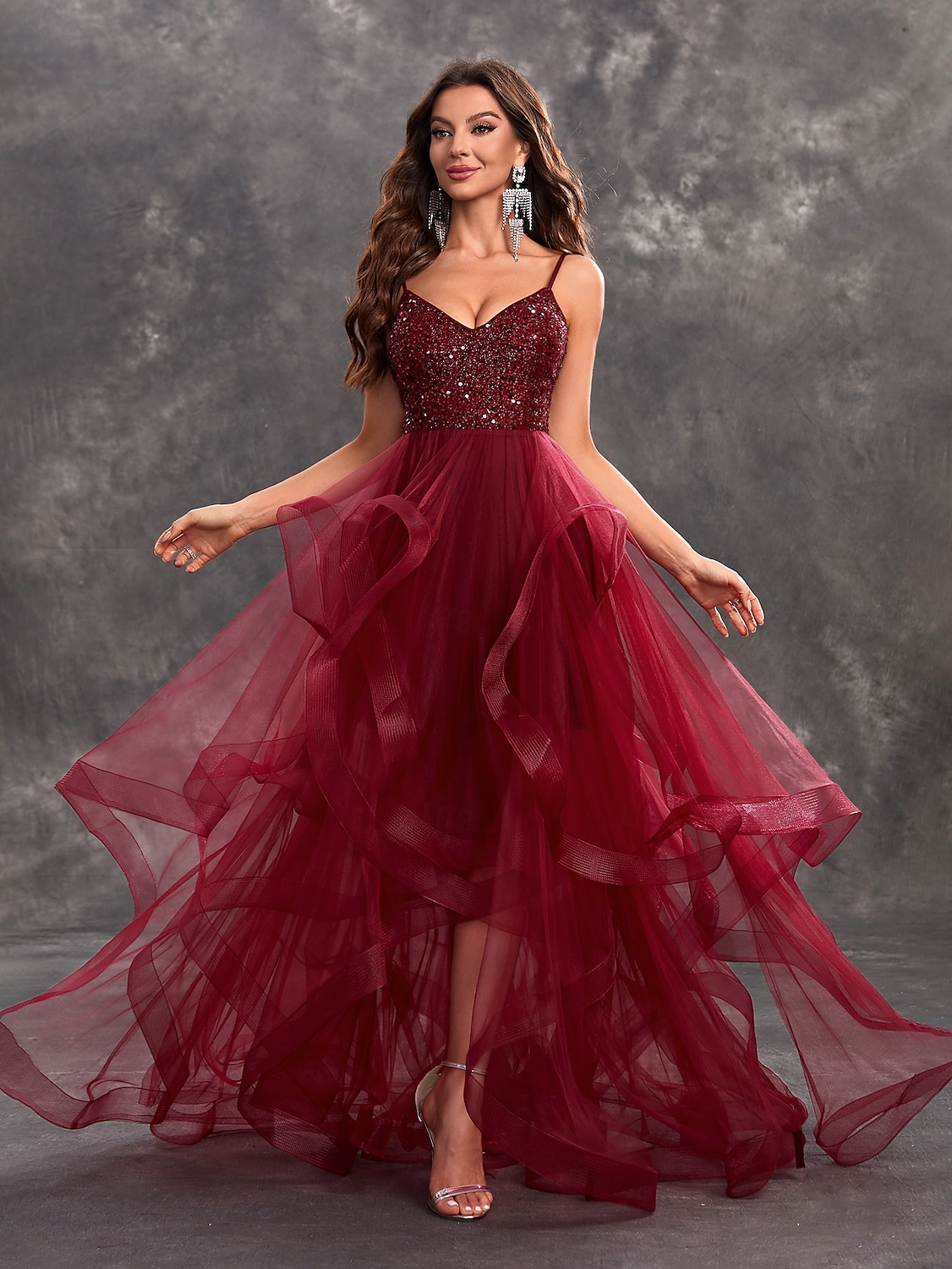 Prom Klänningar A-linje Elegant Klänning Glitter Tyll Formell Bröllopsgäst Golvlängd Ärmlös V-ringad 2024 2025 - $173.99 –P6