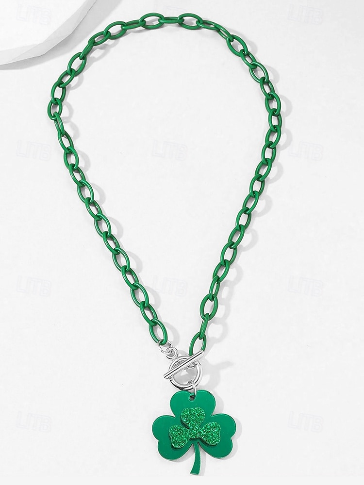 αγ. Patrick's day κολιέ τριφύλλι – πράσινος κρίκος αλυσίδας με τετράφυλλο μενταγιόν από τριφύλλι, γιορτινά statement κοσμήματα για γυναίκες, αξεσουάρ γιορτών και πάρτι 2025 - $7.99 –P3