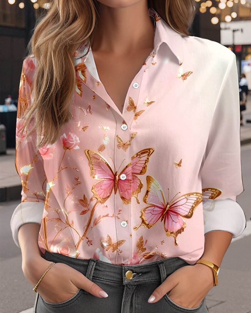 Valentine's Day Women's Shirt Butterfly Casual Long Sleeve Shirt Collar Regular Tops Work Daily Buttons Print Pink Spring Fall Winter 2025 - $32.99 –P3