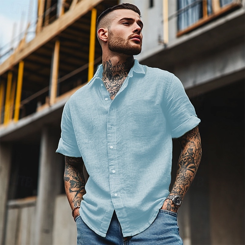 Cotone e lino Classico Per uomo Camicia camicia di lino Camicia estiva Camicia da spiaggia Camicia con bottoni Nero Bianco Blu Manica corta Liscio Collo ripiegabile Estate Da mare Per eventi del 2025 a $25.99 –P9
