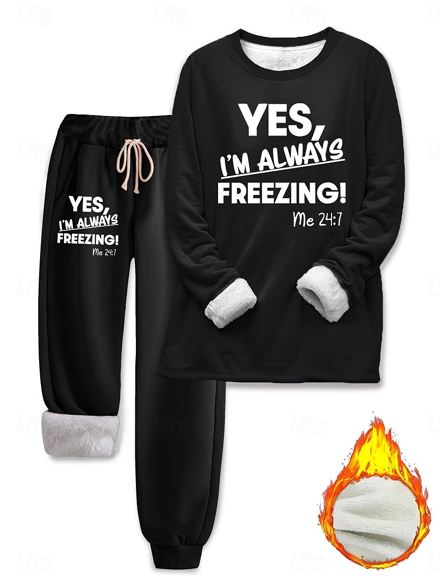 Dame 2-delt Loungewear Sett Pyjamas Fleece Fluffy Lang Erme Topp og Bukse Tekst Trykk Komfort Avslappet Hjemme Slitasje Snor Solid Koselig Vinter 2025 - $43.99 –P6