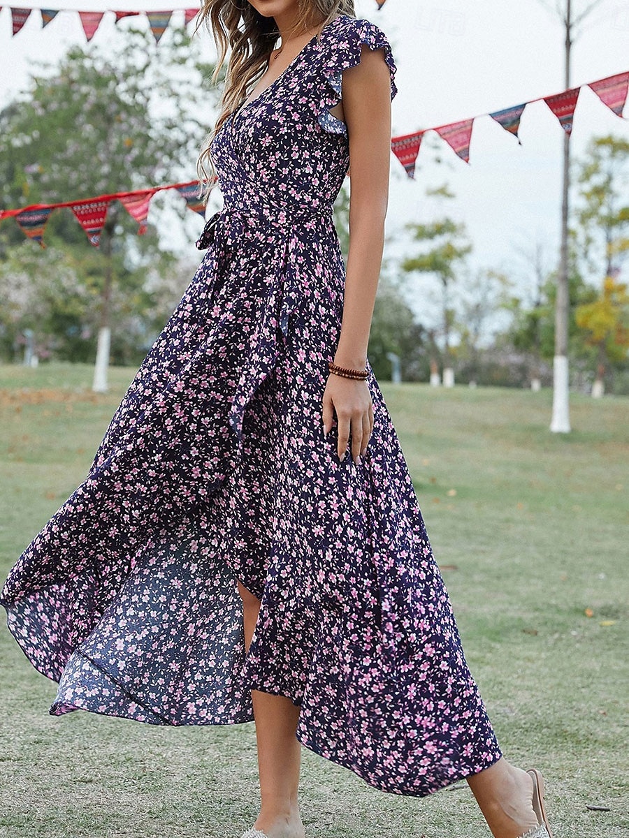 Dames Maxi-jurk Casual jurk Boho chique jurken Bohemen leuke Style Stijlvol Flutter mouw Vakantie Dagelijks Strand Ruim Passend Grafisch Korte mouw V-hals Groen Donkerblauw Zomer Lente 2025 - $43.99 –P12