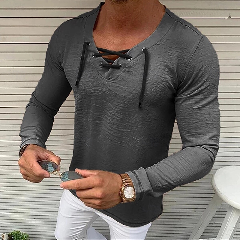 Bărbați Cămașă de in Tricouri Tricou cu maneca lunga Manșon Lung În V Primăvara & toamnă Culoare solidă Casual Cu Șiret Vacanță homewear Alb Top tricou pentru bărbați 2026 - $21.99 –P4