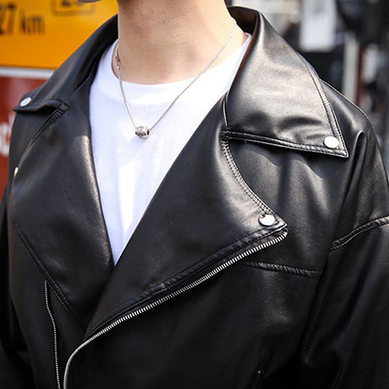 Men's Faux Leather Jacket Transition Jacket Biker Jacket Motorcycle Jacket Vacation Daily Windproof Warm Pocket Fall & Winter Plain Fashion Classic Lapel Regular Black Jacket 2026 - $54.99 –P5