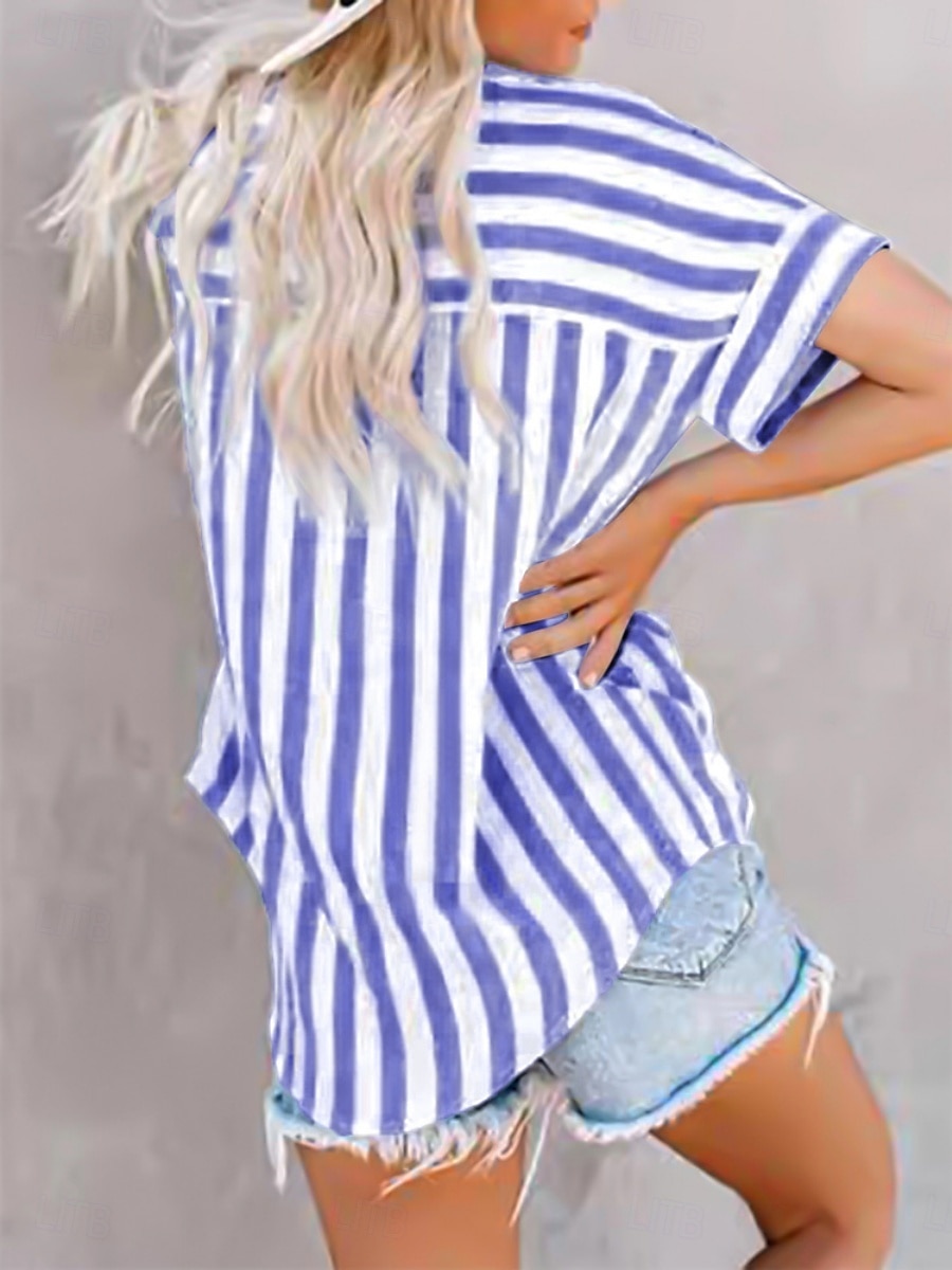 Women's Shirt Blouse Striped Casual Short Sleeve Shirt Collar Regular Tops Daily Buttons Print Blue Gray Summer Spring 2025 - $28.99 –P2
