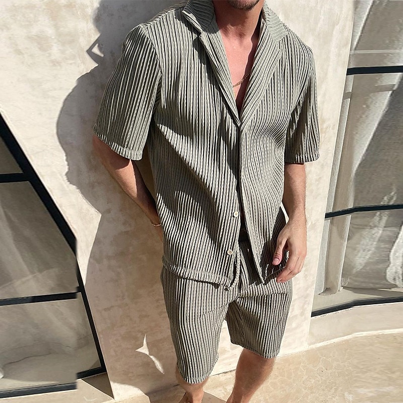 Men's 2 Piece Shirt Set Summer Set Matching Sets Casual Shirt Corduroy Shirt khaki Gray Short Sleeve Plain Collar Vacation Daily Clothing Apparel Fashion Casual Comfortable 2025 - $39.99 –P2