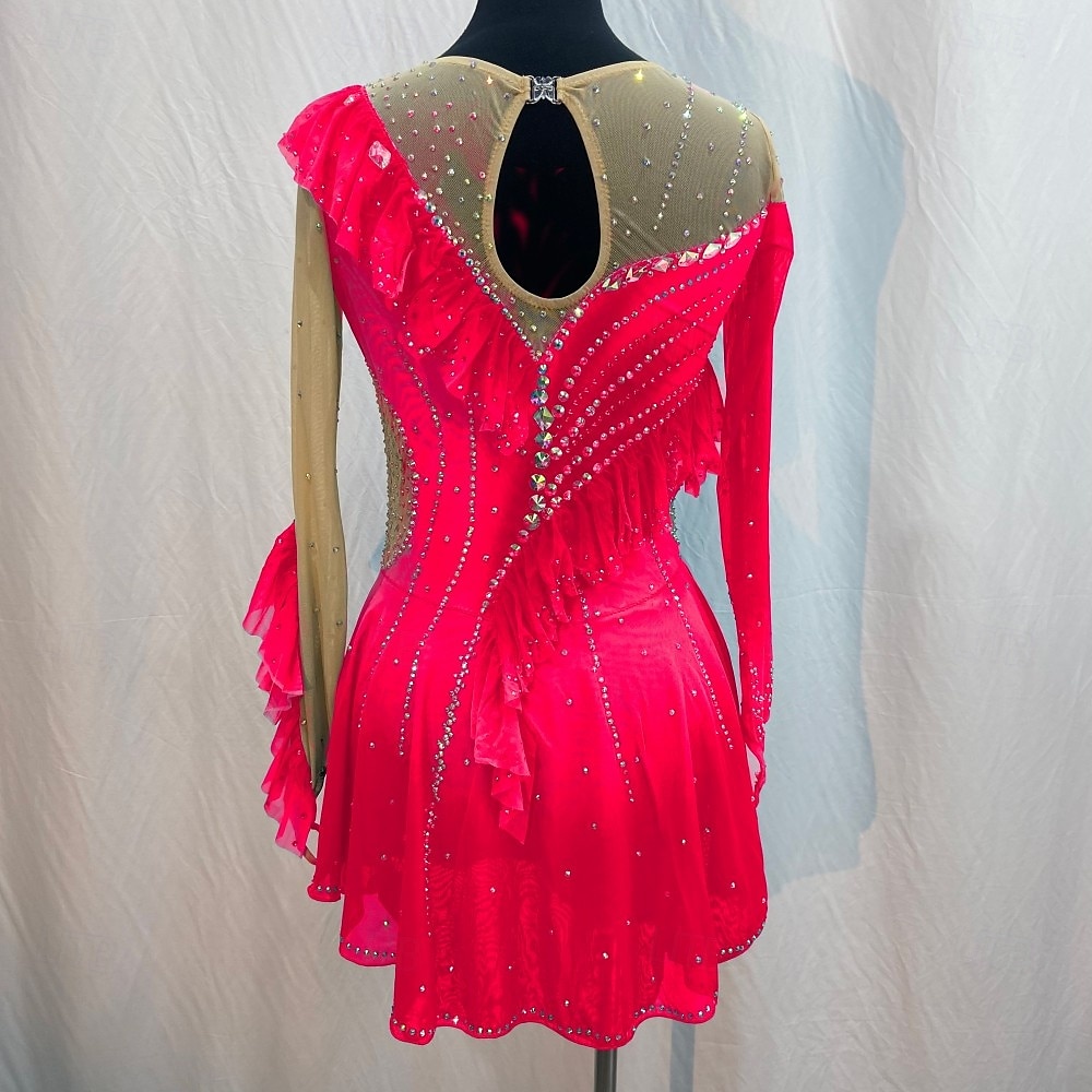 Robe de patinage artistique Femmes Fille Patinage Robe Rouge Bleu Roi Patchwork Trou de pouce Maille Spandex Élastique Entraînement Pratique Professionnel Tenue de Patinage cristal pailleté manche de 2025 ? $231.79 –P2
