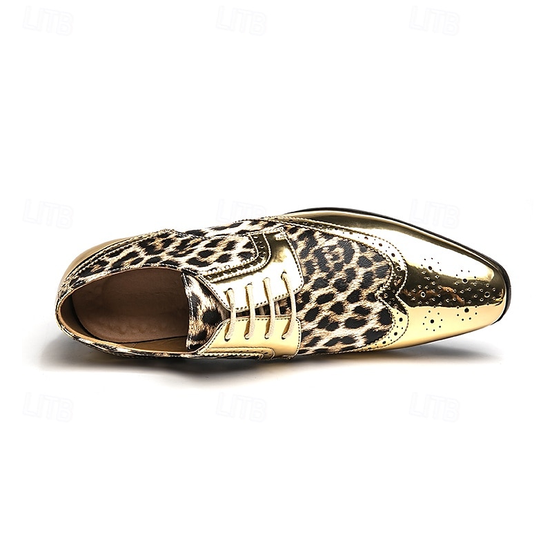 scarpe oxford da uomo con stampa leopardata dorata – design audace in vernice con dettagli brogue per feste e spettacoli teatrali del 2025 a $54.99 –P5