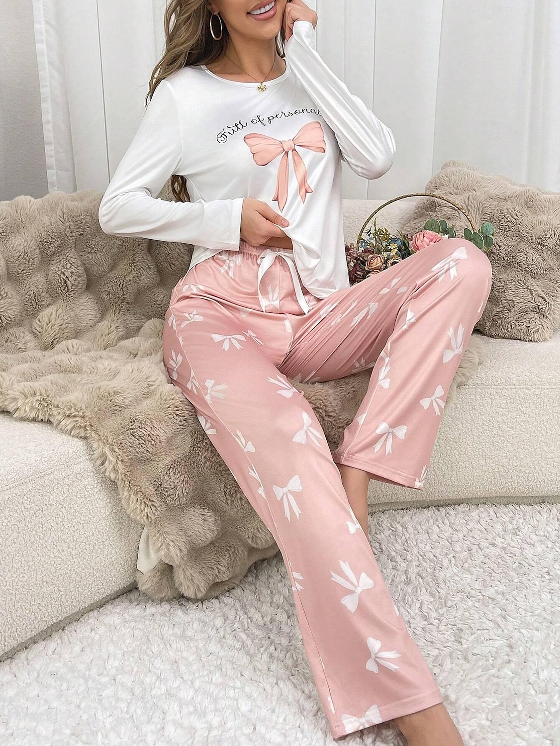 Dam Pyjamas set Ledigt Komfort Comfrt Hjärta T-shirt Byxa Hem Långärmad Rund hals Rodnande Rosa Vår Höst Vinter 2025 - $31.99 –P1