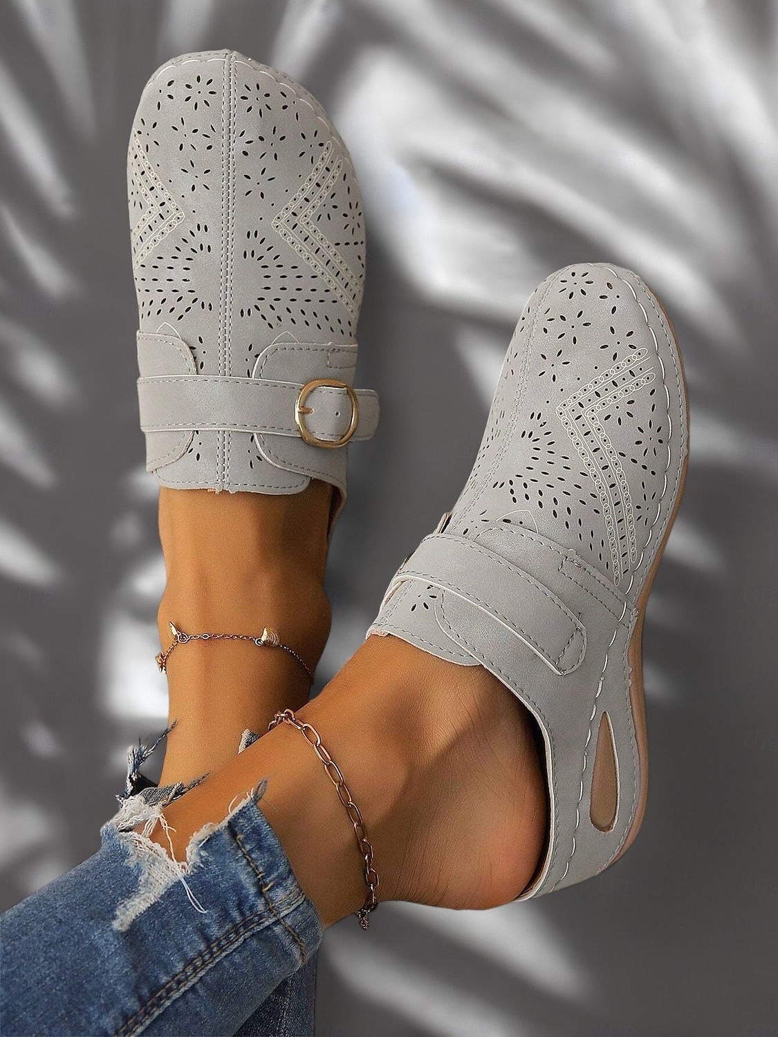 naisten rei'itetty harmaa keinonahkainen kiilamuuli - mukavat jalkineet vapaa-aikaan 2025 - $24.99 –P2