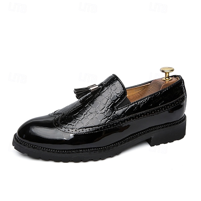 Herrloafers i svart och vitt i lackkonstläder – krokodilpräglade tofsar med grov sula för Gatsby-fest, bröllop, bal, elegant nattliv 2025 - $42.99 –P6
