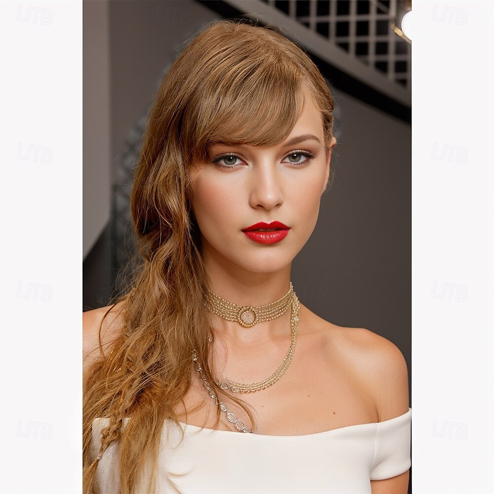 perruques inspirées de taylor swift perruque synthétique ondulée avec frange perruque cheveux synthétiques longs bruns design à la mode pour femmes brun naturel doux de 2025 ? $19.49 –P1