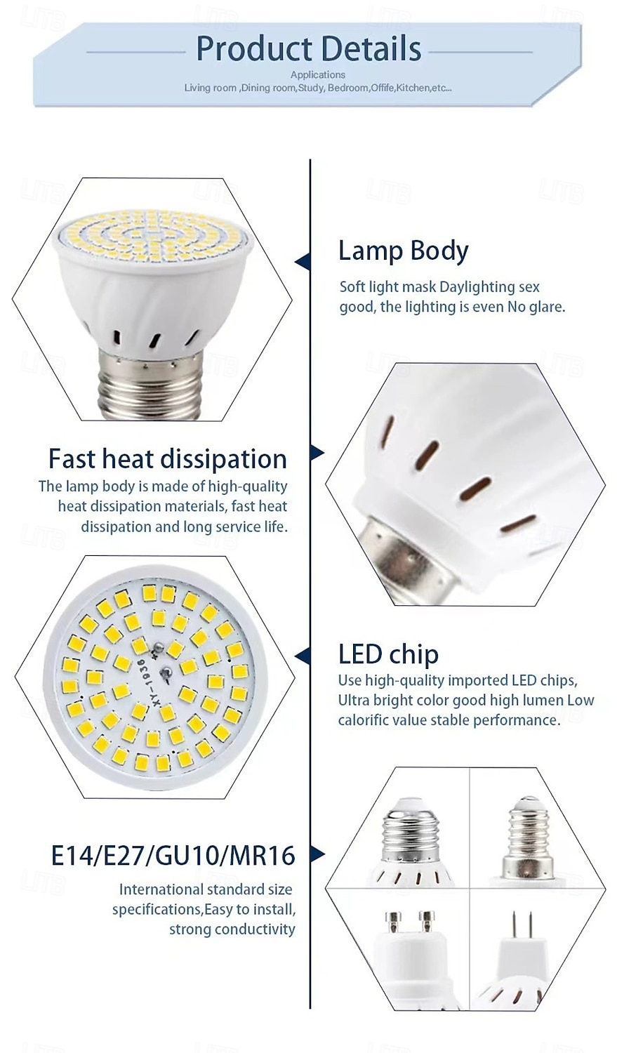 2025年 10個gu10 LEDスポットライト電球 - AC 220V、2835 SMD LEDランプ、48/60/80 LED、家庭やオフィス用の省エネ屋内照明  コレクション – $25.99 –P4