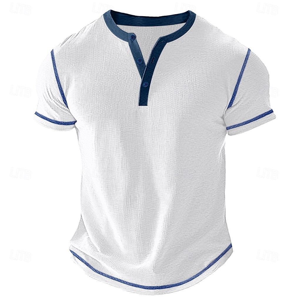 2025年 男性用 ワッフルヘンリーシャツ Tシャツ 半袖 純色 ボタン ヘンリー アウトドア カジュアル 日常 夏 ブラック ホワイト イエロー ヘンリーTシャツ コレクション – $17.99 –P9