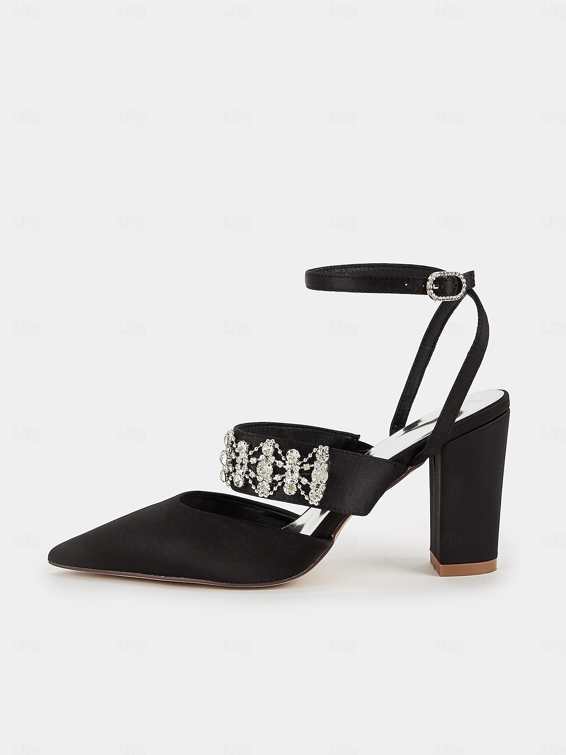 Women's Black Satin Pointed Toe Heels – Rhinestone Embellished Ankle Strap Chunky Heels for Evening Parties and Weddings 2025 - $64.99 –P4