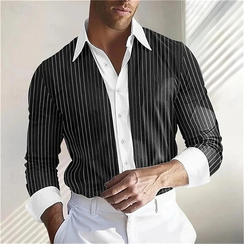 Herrenhemd Langarmhemd Freizeithemd blau gestreiftes Hemd Kontrastkragen Sommerhemd Button-Up-Hemd Polyester schwarz blau lila orange Streifen Revers Urlaub hawaiianische Kleidung Bekleidung Mode 2025 - $8.59 –P4