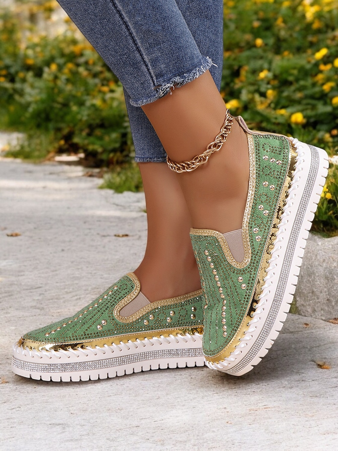 Grüne Slip-On-Sneakers mit Strasssteinen und dicker Sohle für Damen – glamouröse Freizeitschuhe für Partys und den Alltag 2025 - $42.99 –P5