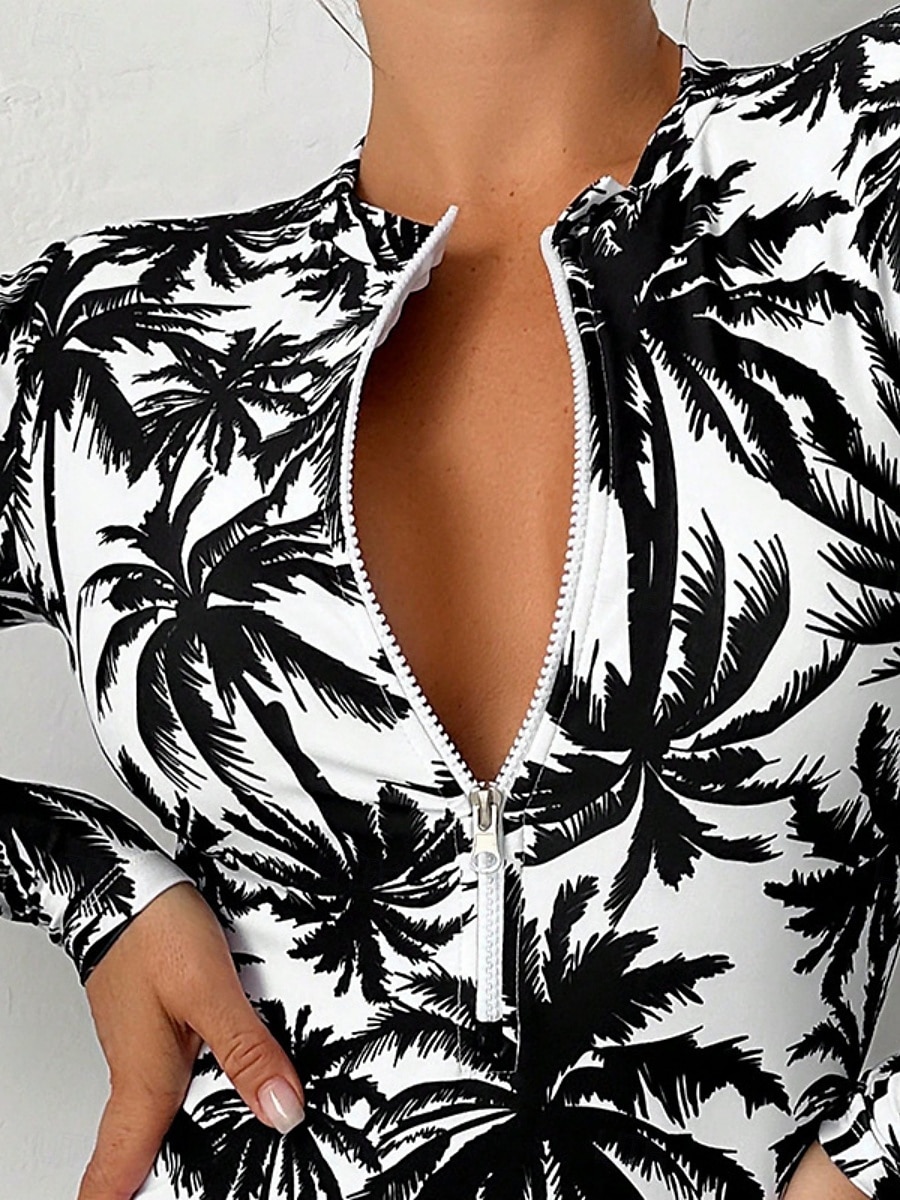 Dam Badkläder En bit Monokini Underställströja Baddräkt Öppen rygg Dragkedja Magkontroll Hög midja Smal Semester Standkläder Grafisk Hög hals Långärmad Baddräkter 2025 - $24.99 –P3