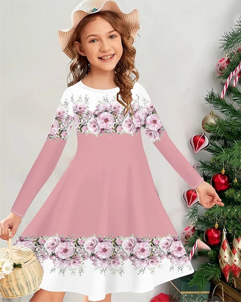 Pasen Meisjes 3D Bloemig Grafisch Jurk Lange mouw Zomer Lente Vakantie Dagelijks Feestdagen Prinses Mooi Zoet Kinderen 4-12 jaar Casual jurk A lijn jurk Tot de knie Normale pasvorm 2025 - $16.99 –P3