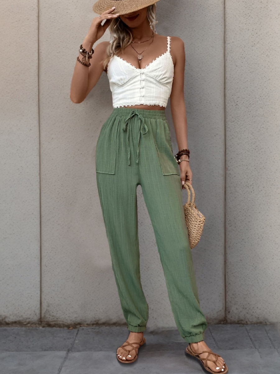 Women's Tapered pants Chinos Fashion Streetwear Full Length High Waist Plain Pocket Elastic Waistband Comfy Soft Comfortable Micro-elastic Outdoor Street Black Green Khaki Spring &  Fall Regular Fit 2026 - $26.99 –P15