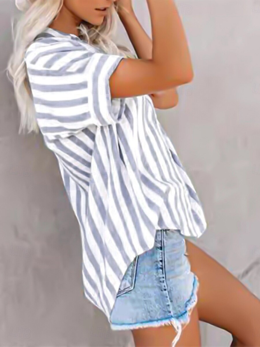 Women's Shirt Blouse Striped Casual Short Sleeve Shirt Collar Regular Tops Daily Buttons Print Blue Gray Summer Spring 2025 - $28.99 –P8
