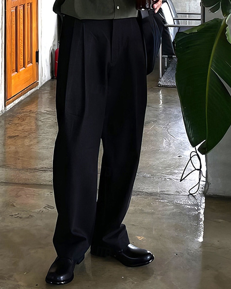 Homens Social Calças chinês Calças Plissadas Botões Bolsos Perna reta Tecido Conforto Formal Festa Trabalho Moda Estilo Clássico Preto Cinzento Escuro Micro-Elástica de 2025 por $23.99 –P8
