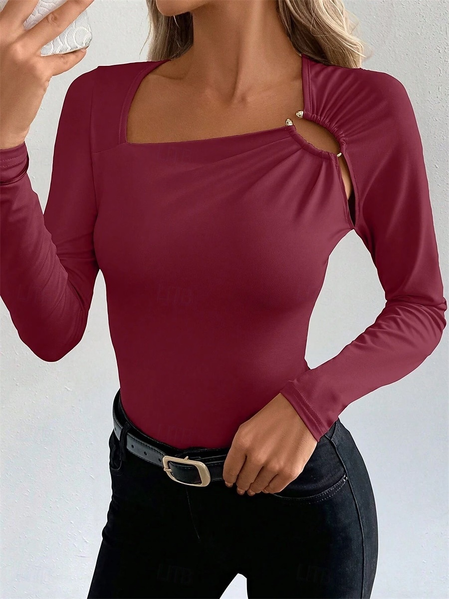 Women's Blouse Solid Color Elegant Daily Stylish Long Sleeve Square Neck Regular Tops Daily Holiday Going out Patchwork Black Wine Spring Fall Winter 2025 - $26.99 –P9