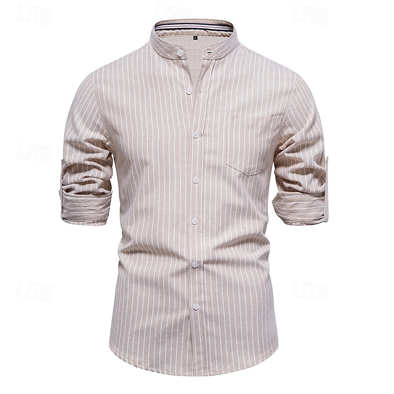 Per uomo Camicia Camicia con colletto cinese Camicia con colletto alla coreana Camicia elegante Camicia con Bottoni A righe Matrimonio Feste Kaki Manica Lunga Colletto alla coreana Primavera & Autunno del 2025 a $29.99 –P1