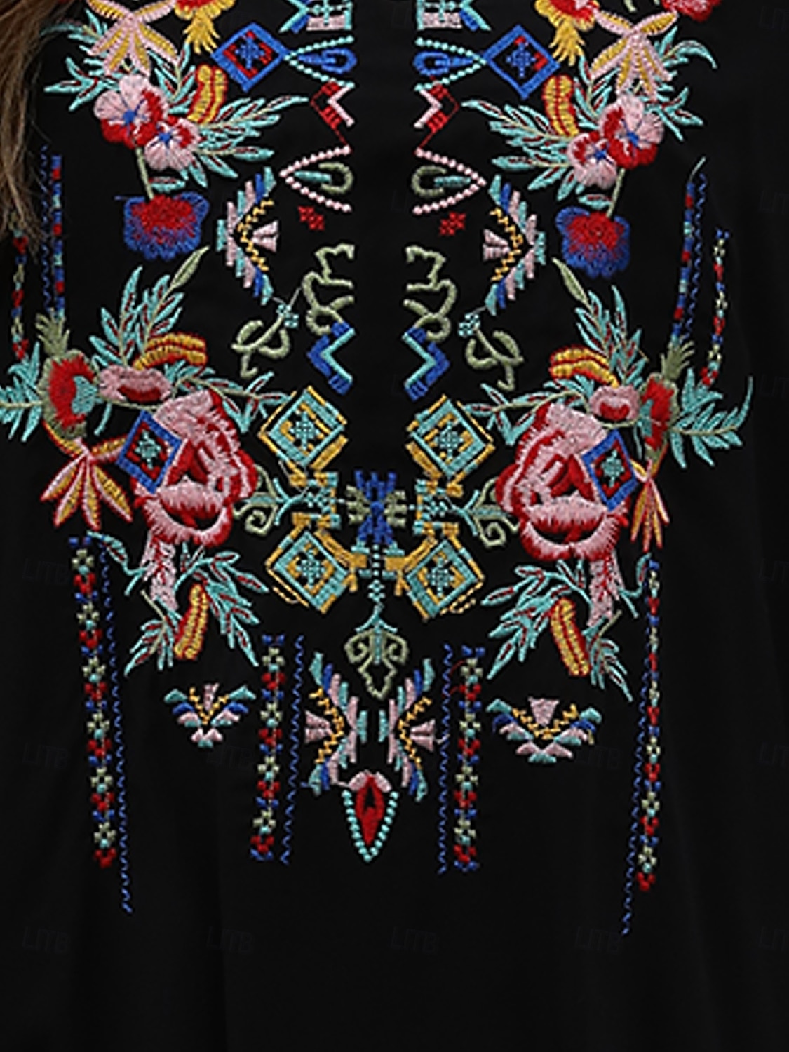 Mujer Camisa camisa boho Floral Flor Casual Boho Manga 3/4 Mangas al codo Escote en Pico Tops regulares Carnaval Vacaciones Fiesta Bordado Negro Verano Primavera verano 2025 - $36.99 –P7