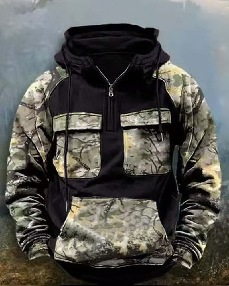 Per uomo Felpa con cappuccio Felpa con cappuccio e cerniera a un quarto Nero Vino Verde militare Blu Reale Cachi Con cappuccio Mimetico Collage Tasca frontale Sportivo Giornaliero Per eventi del 2025 a $40.99 –P1